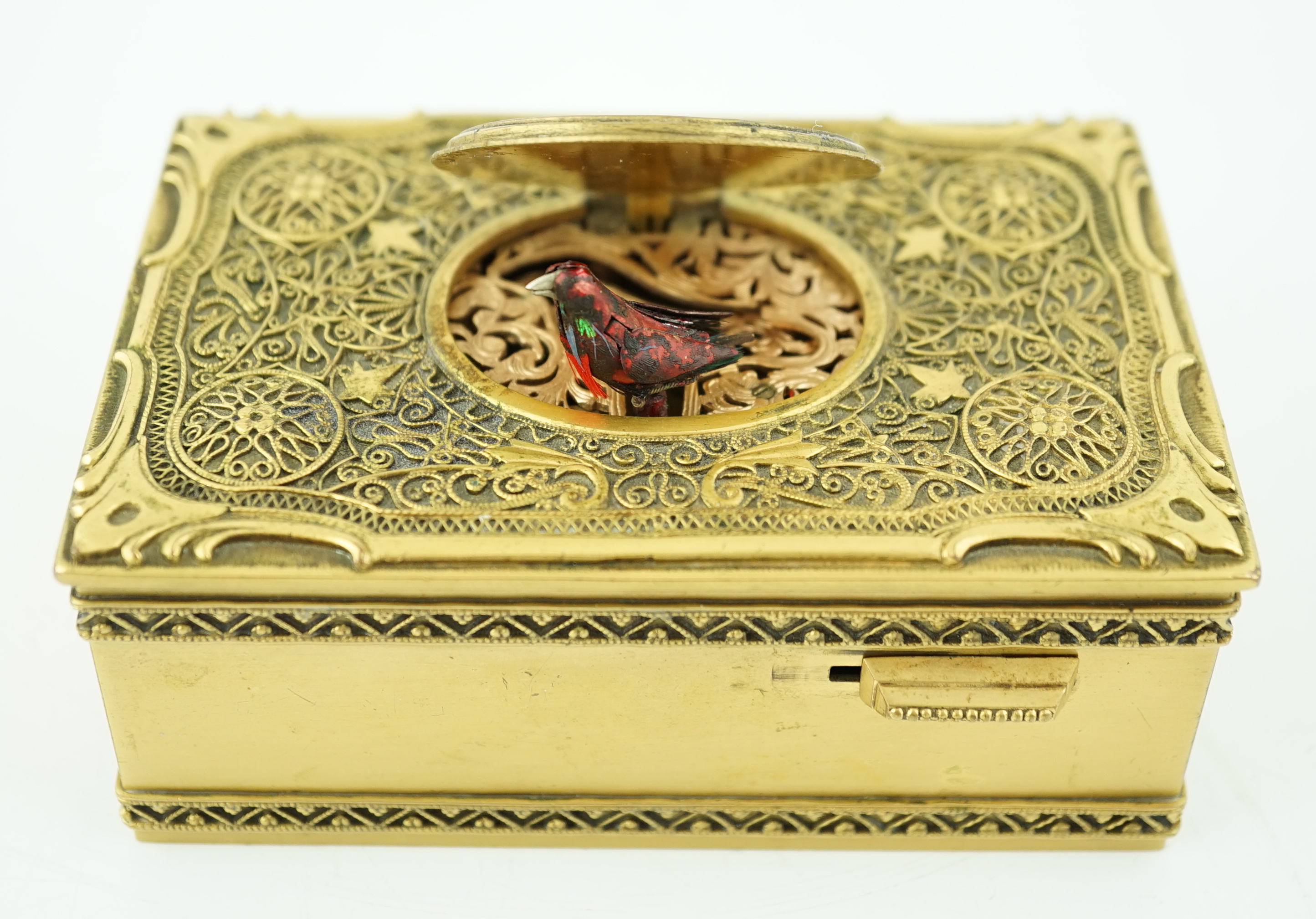 A 20th century gilt brass singing bird box